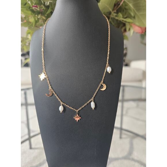 Stainless Steel Gold Pearl Moon Stars Necklace New - Picture 3 of 4